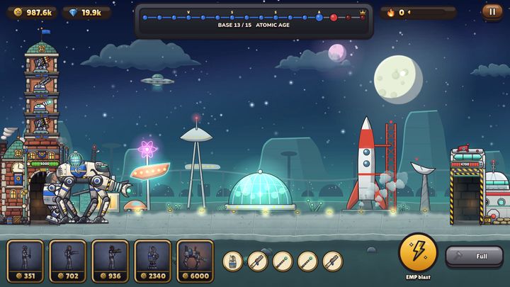 Atomic Age battle at night: a walking mech fights beside a glowing dome and a rocket on its launch pad.